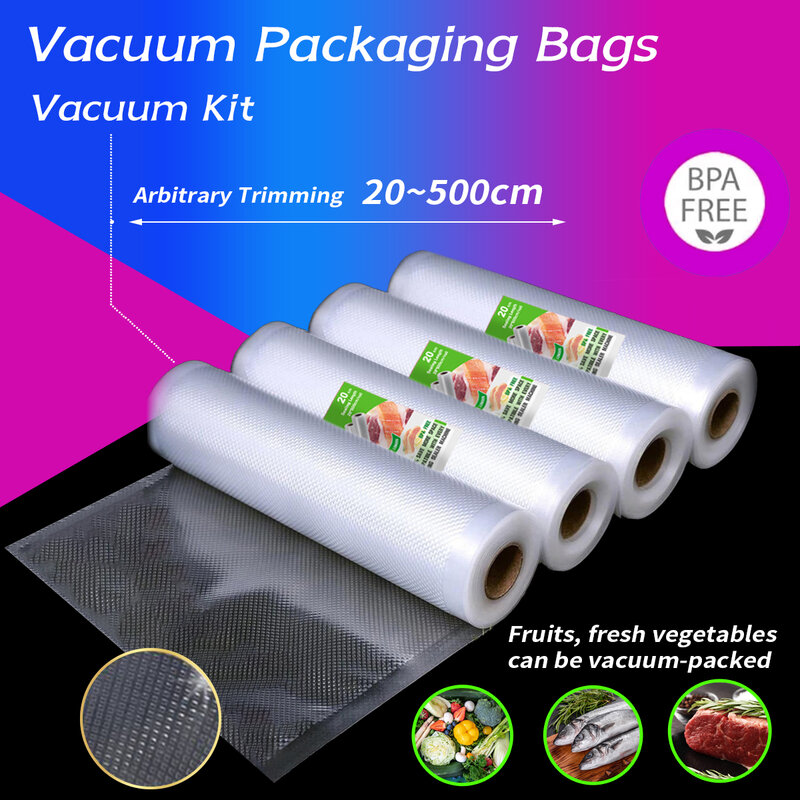 Long Textured Vacuum Compression Bags, Food Vacuum Packaging Roll Bags, 4 Pacotes, 500cm