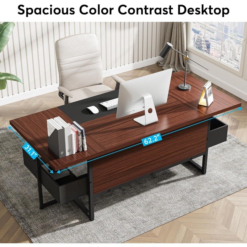62 Inch Large Computer Office Desk Workstation with Storage Shelves, Modern Simple Style Home Office Desk