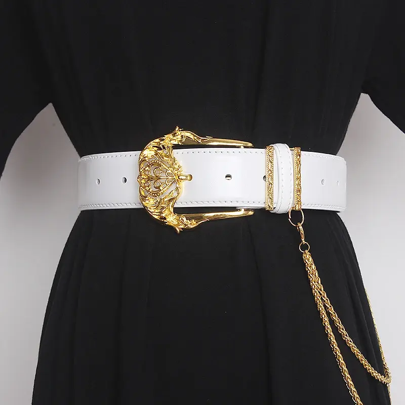 Cinturón de cuero de vaca con cadena de Metal para mujer, correa de cuero genuino sólido para pantalones vaqueros, moda Punk, 2024