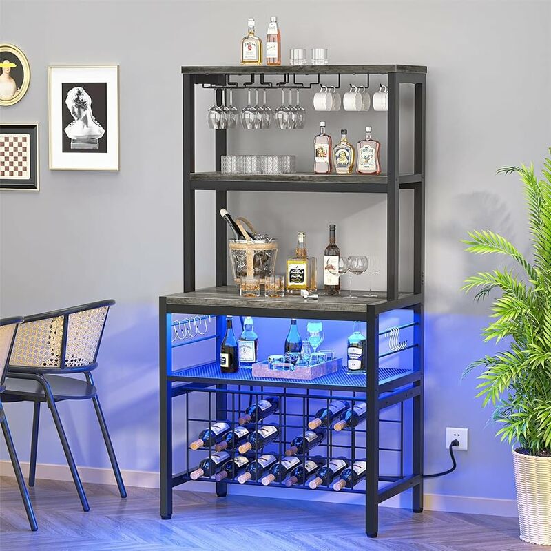 Unikito RGB LED 조명 및 콘센트가 있는 와인 바 캐비닛, 독립형 와인 랙 테이블, 유리 거치대 바닥 양주 캐비닛