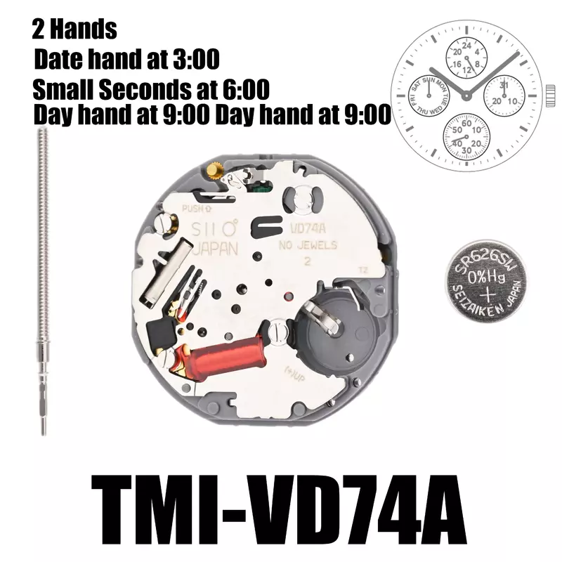 Movimento VD74 Movimento Multi-Eye, 2 mãos, Dia, Data, 24 h, Pequeno seg, Tamanho, 3,45mm, Altura 3,45mm