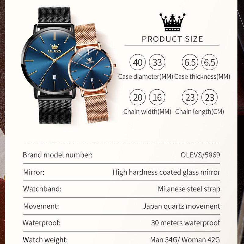 OLEVS zegarki kwarcowe dla par luksusowy stalowy pasek Milanese wodoodporny kalendarz tarcza Ultra cienkie, modne biznesowy zegarek na rękę zestaw podarunkowy