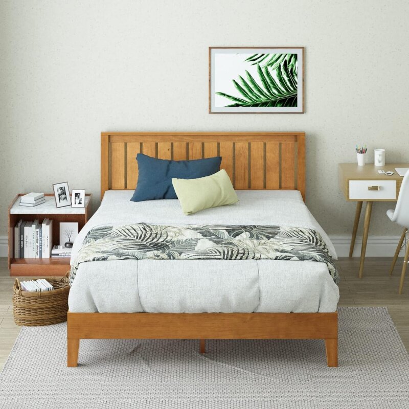 Drewniana rama łóżko z pełnymi bokami ZINUS Alexis Deluxe z zagłówkiem/podparciem listwą drewnianą/bez sprężyny skrzynowej/łatwy montaż, rustykalna Pi