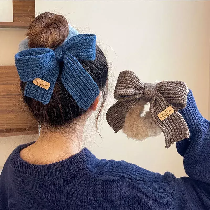 Cincin bulu wol domba padat untuk anak perempuan, cincin rajut bahan wol dasi rambut, aksesori rambut untuk musim gugur/musim dingin