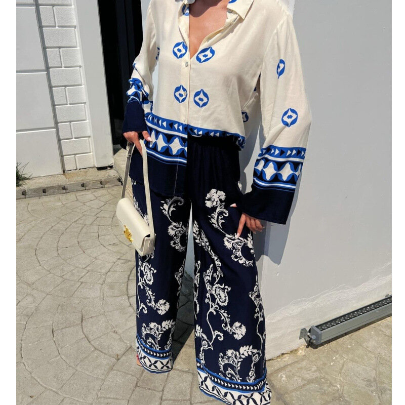 Vintage geométrica floresce roupas femininas de duas peças, camisa de lapela de manga comprida, calças soltas, roupas de harmonização boêmias para senhora, 2024
