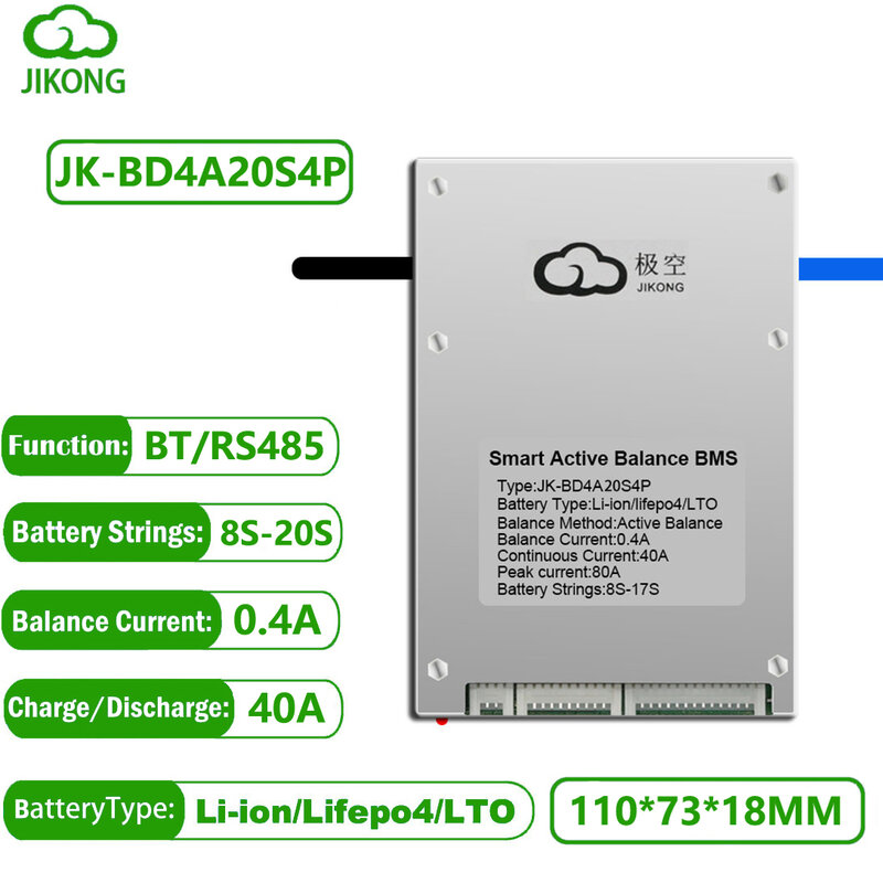 JK BMS SMART Lifepo4 Battery 0.4A Active Balance 4S 6S 8S 24V 13S 48V 17S 20S 24S 40A 72V BT Li-Ion 18650 Camping Battery Ebike