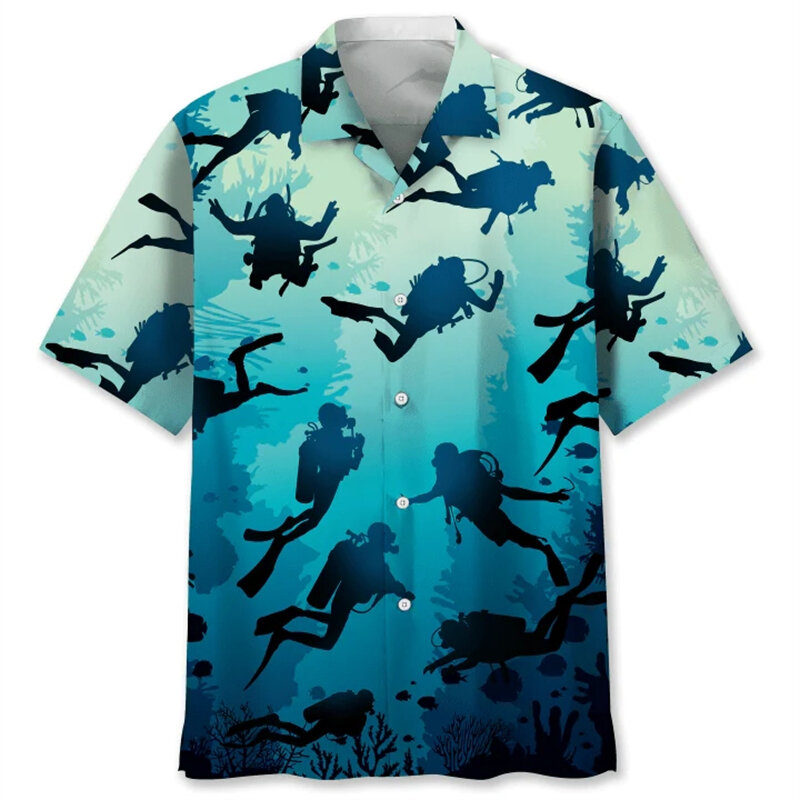 Camisa de praia havaiana com impressão 3D masculina, Mergulhador, Tubarão, Baleia, Tops de manga curta, Streetwear extragrande, Roupa masculina, Verão, 4XL, 2024
