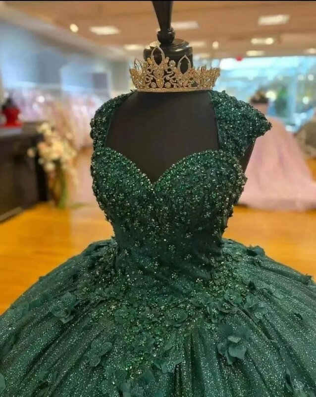 Vintage Glanzend Groene Quinceanera Jurken Baljurk 3d Bloemen Kralen Kanten Bandjes Vestidos De 15 Anos Prinses Feest Prom Jurk