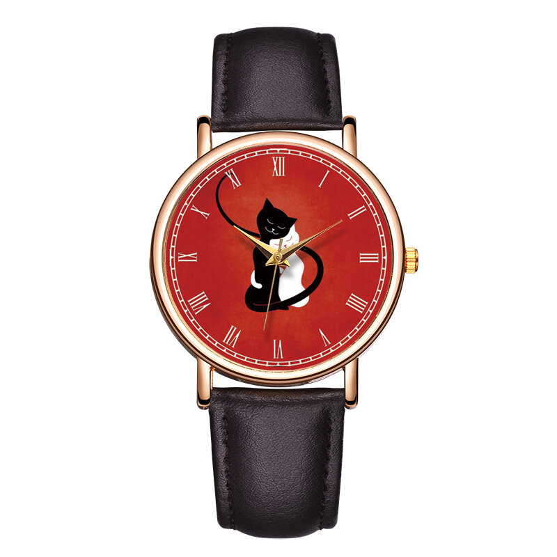 Relógio quartzo gato de couro genuíno para menina, relógio de pulso casual, branco e preto, fundo vermelho, impermeável, moda