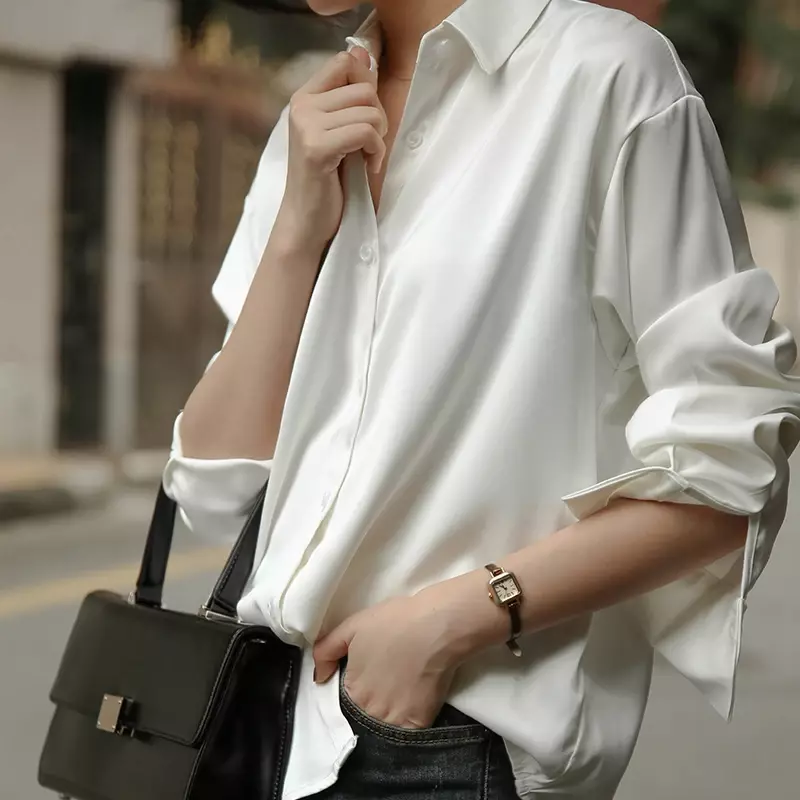 Blusa de satén de seda para mujer, camisa holgada de manga larga con botones, Estilo Vintage, a la moda, para primavera y otoño, 11355