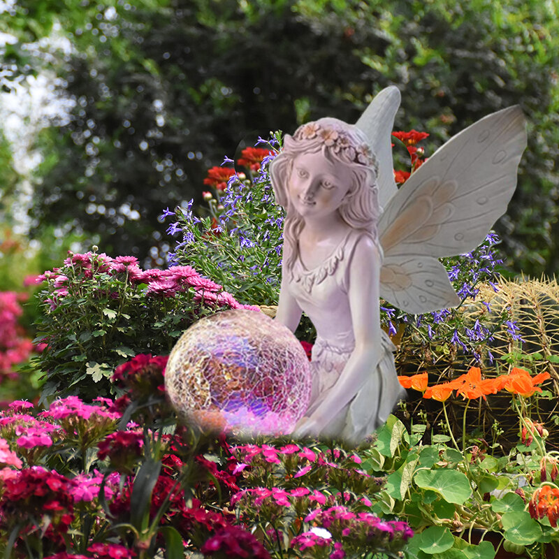 Escultura de figura de Ángel de resina, lámpara de decoración Solar de hadas de flores, estatua de niña, Villa al aire libre, patio, jardinería, adornos de paisaje