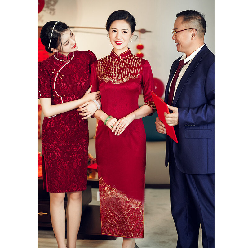 婚約のための中国の結婚披露宴のドレス,花嫁介添人の長袖,秋のコレクション2022