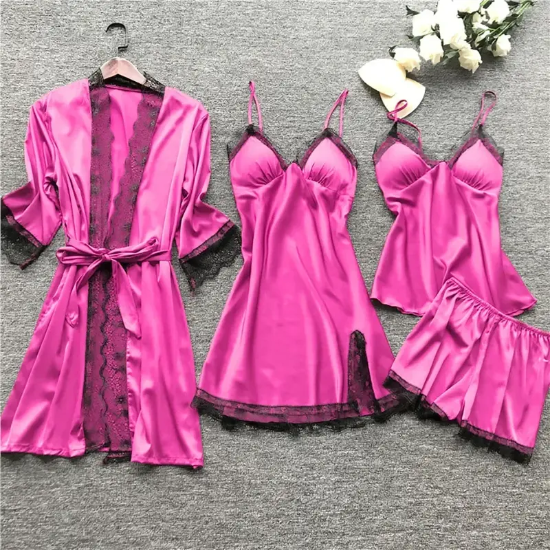 New Sleepwear Silk Women Nightdress Lace Dress Robe Pajamas Set Satin Underwear for Women Full Coverage Negligee Lingerie Sexy
