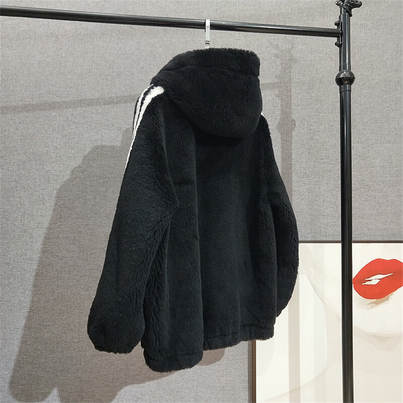 羊の毛皮で作られたフード付きの女性用スポーツジャケット,暖かい冬のスーツ,パーカーjt348