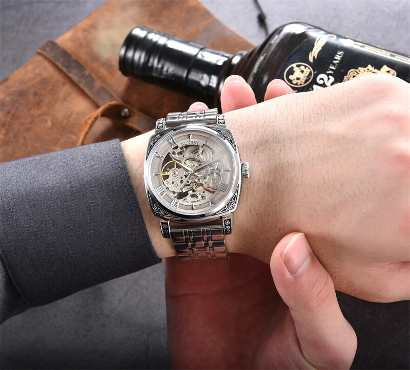 Orologio Vintage cinturino in acciaio da uomo orologio meccanico trasparente Designer Business Flock Band orologio da uomo orologio automatico impermeabile da 10 metri