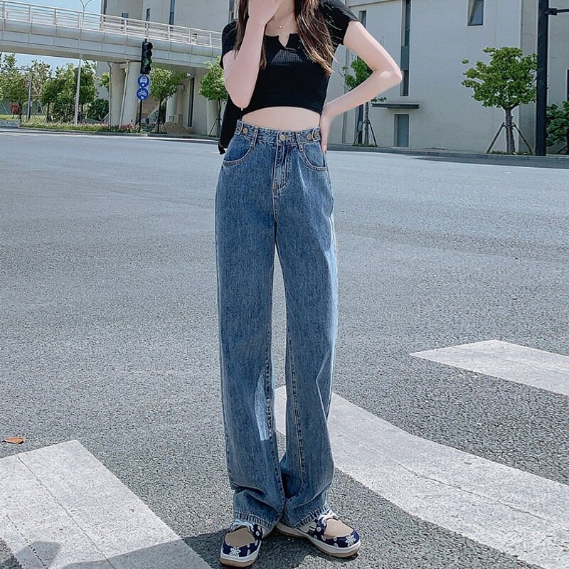 Джинсы женские прямые с завышенной талией, свободные брюки с широкими штанинами в Корейском стиле, повседневные брюки из денима с наполнителем, весна-осень