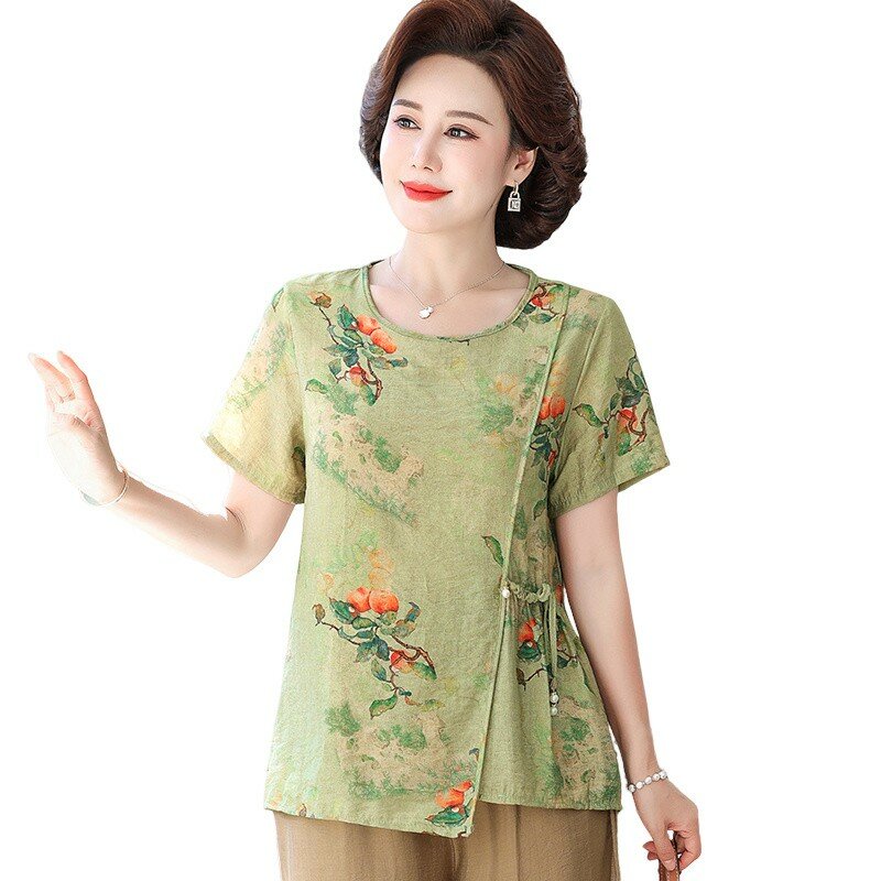 Luźna koszula damska luźna bluzka z kwiatowym nadrukiem nowa letnia elegancka bluza z krótkim rękawem bluza z okrągłym dekoltem
