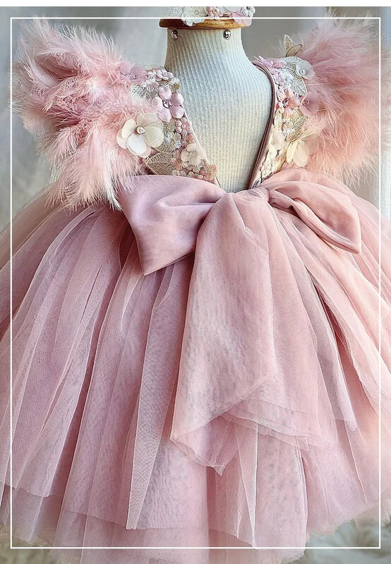 Nowy 2024 bożonarodzeniowy z różową kokardką tiulowy uroczystość ślubu urodzinowy sukienka na studniówkę dziewczynki 0-6 letni motyl sukienki w kwiaty