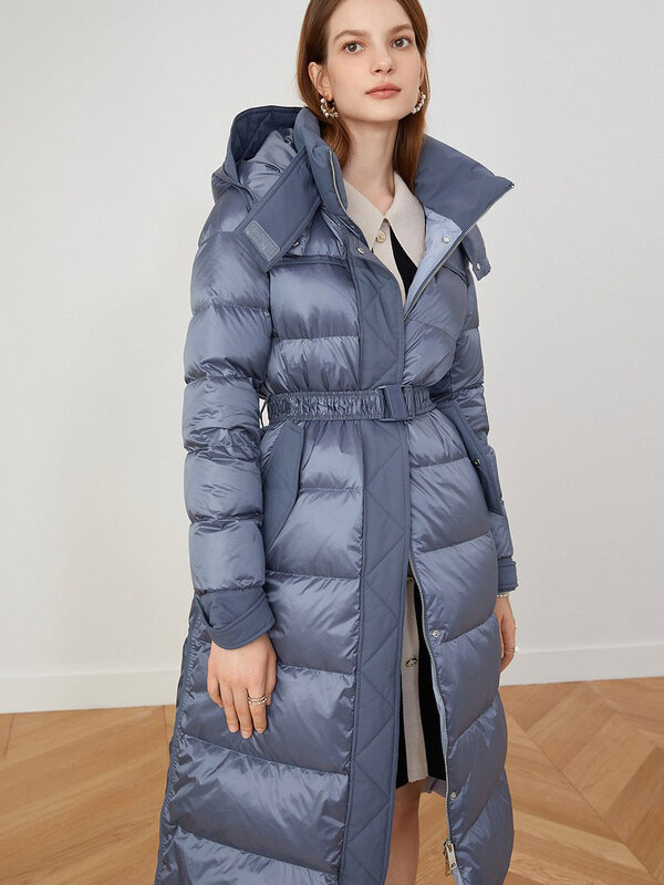 새로운 패션 화이트 오리털 롱 다운 재킷 및 벨트 여성용, 블루 슬림 두꺼운 후드 파카, 겨울, 2022