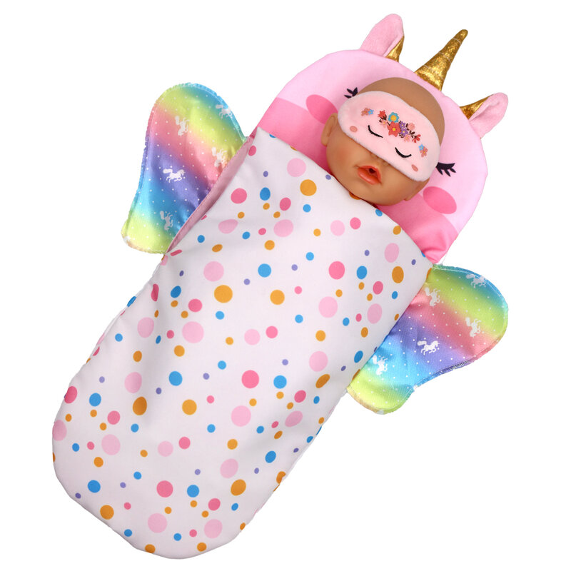 Saco de dormir para muñecas de 43cm, almohada de unicornio encantador, accesorios para muñecas recién nacidas, regalo de cumpleaños para niña americana, 17-18 pulgadas