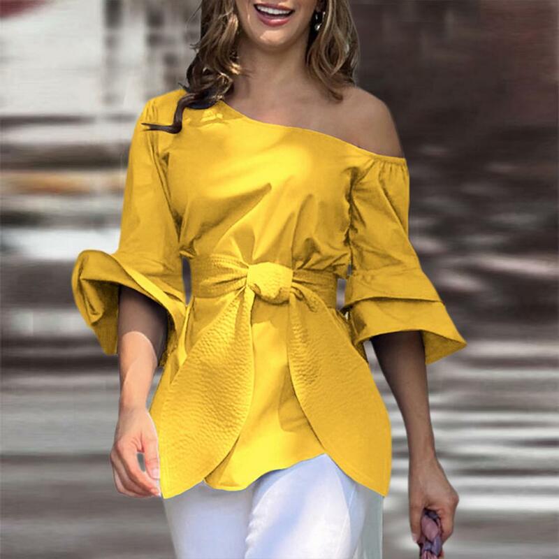 Элегантная женская летняя блузка со шнуровкой и косым воротником, Стильная однотонная блузка с расклешенным рукавом до локтя для улицы