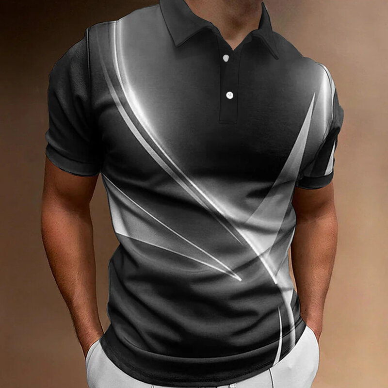 Рубашка-поло мужская с градиентной линией, модная летняя футболка с коротким рукавом, Повседневная футболка с лацканами, полосатая футболка, одежда для мужчин
