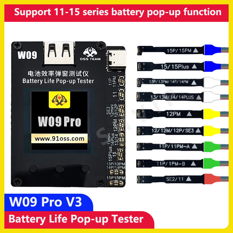 OSS W09 Pro V3 Battery Life Pop-Up Tester para iPhone, 11, 12, 13, 14, 15, ProMax, Reparo de Saúde, Reset, Ciclo de Dados de Saúde