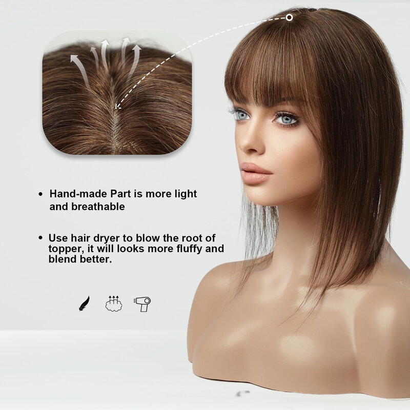 Topper de cabello humano 100% Remy con flequillo para mujer, piezas de cabello humano Marrón Natural, Base de seda, Clip en Topper para adelgazar el cabello, 14 pulgadas