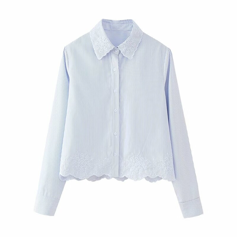 Women's New Fashion Hollow Embroidery Decoration Short Fit Striped Shirt Retro Long sleeved Button up Women's Shirt Chic Top