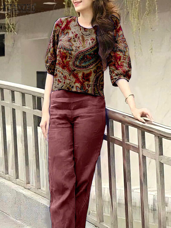 Костюм ZANZEA женский летний из 2 предметов, винтажный комплект из блузки с рукавами 3/4 и цветочным принтом, элегантный спортивный костюм с широкими штанинами для работы