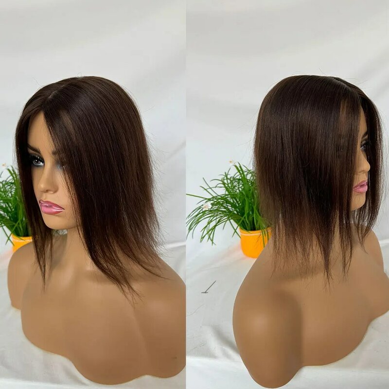 Topperki dla kobiet z do rzadkich włosów prawdziwe ludzkie włosy włosy Clip in 12 cali na środku z rozstaniem jedwabna peruka peruka 3x5