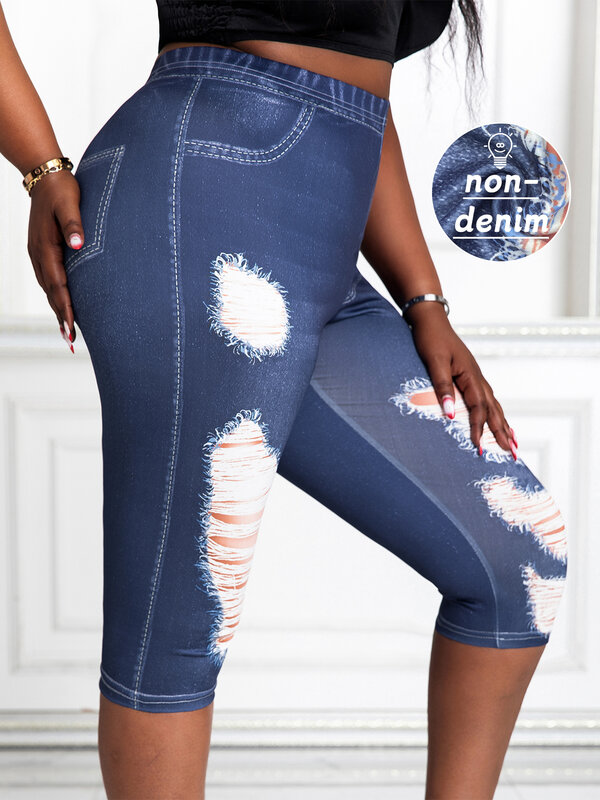 Plus Size Women's Capri Pants Faux Denim Print with Distressed Detail High Elasticity Comfortable Knit Mid-Calf Trousers