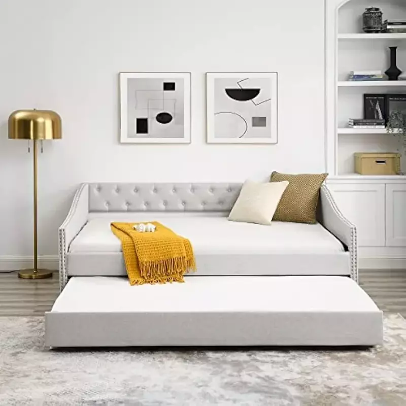 Lit de jour pleine grandeur avec canapé-lit capitonné double Trundle solutions.com, bras, 80.5 "x 55.5" x 27.5 ", beige