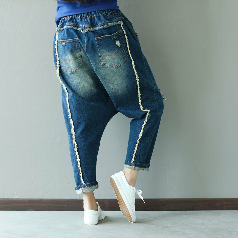 Baggy Jeans Women Embroidered Denim Harem Pants Drop Crotch Hip Hop Trousers 2024 Vintage Ripped  Hole High Waist Cross-pants