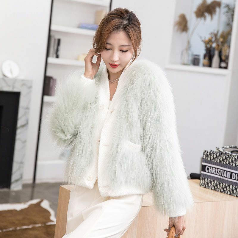 2023 Winter Raccoon Dog Fur Woven Coat Women's Lightweight Fashion Real Fur Coat Solid Color O-Neck Button Single Breasted Coat