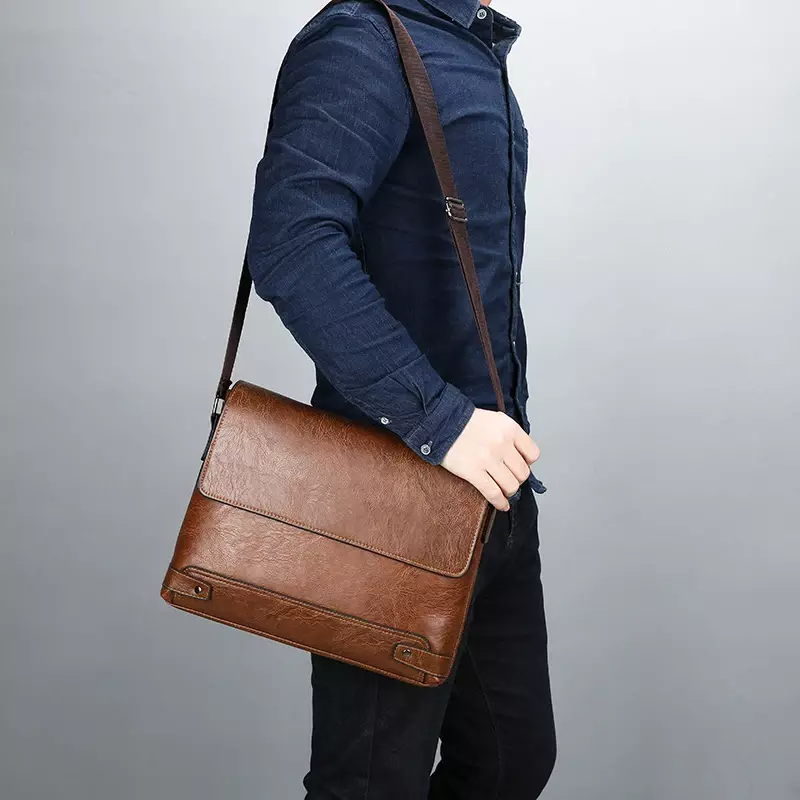 Laptop Crossbody Bag Shoulder Leather Briefcase Side Commuting Husband Split Business Male Executive Work Men PU