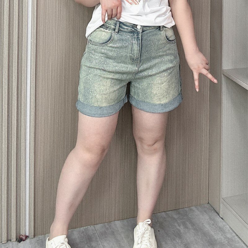 Celana pendek Denim pinggang tinggi Jeans kualitas tepi keriting terlaris musim panas wanita baru ukuran Plus celana pendek kaki lebar tipis melar