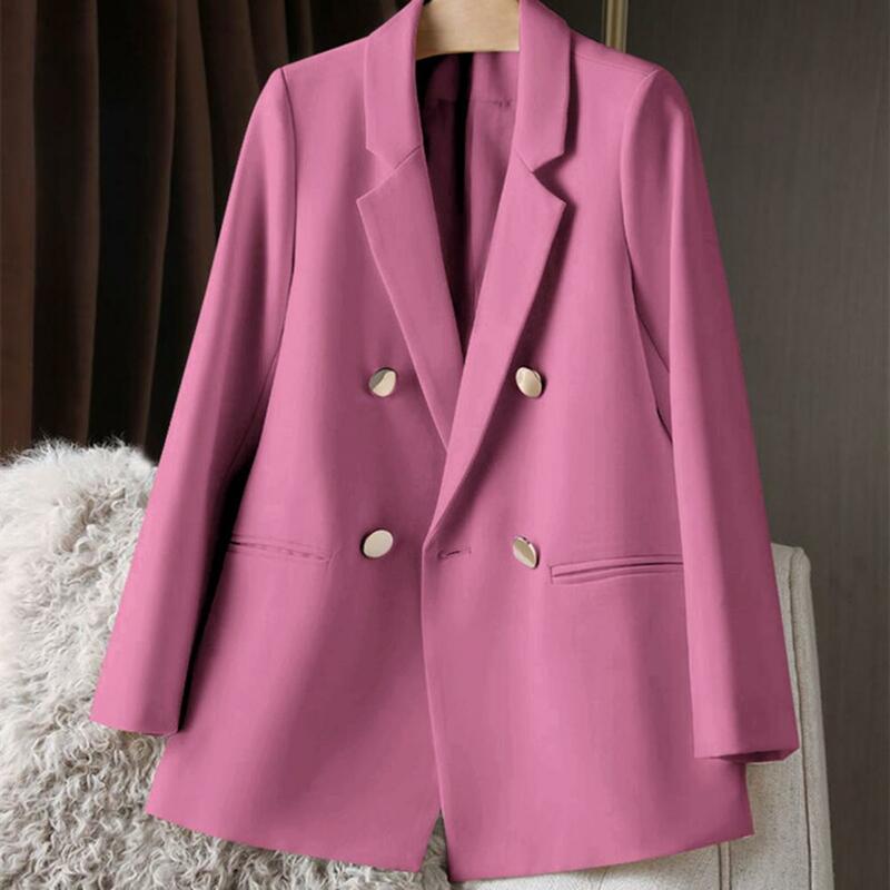Women Suit Coat Business Style Loose Double-breasted Casual Blazers Solid Color Lapel Long Sleeve OL Commute Mid Length Jacket