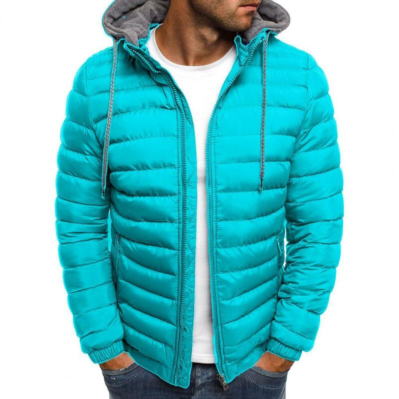 Men Fall Winter Jacket Hooded Padded Thick Warm Men Jacket Drawstring Zipper Closure Cardigan Soft Men Outdoor Coat