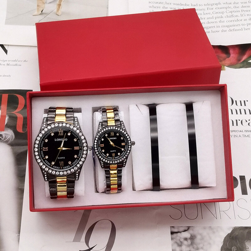Relógios de luxo em aço inoxidável, Relógio de quartzo impermeável para homens e mulheres, Conjunto de relógios para casal, Caixa, Moda