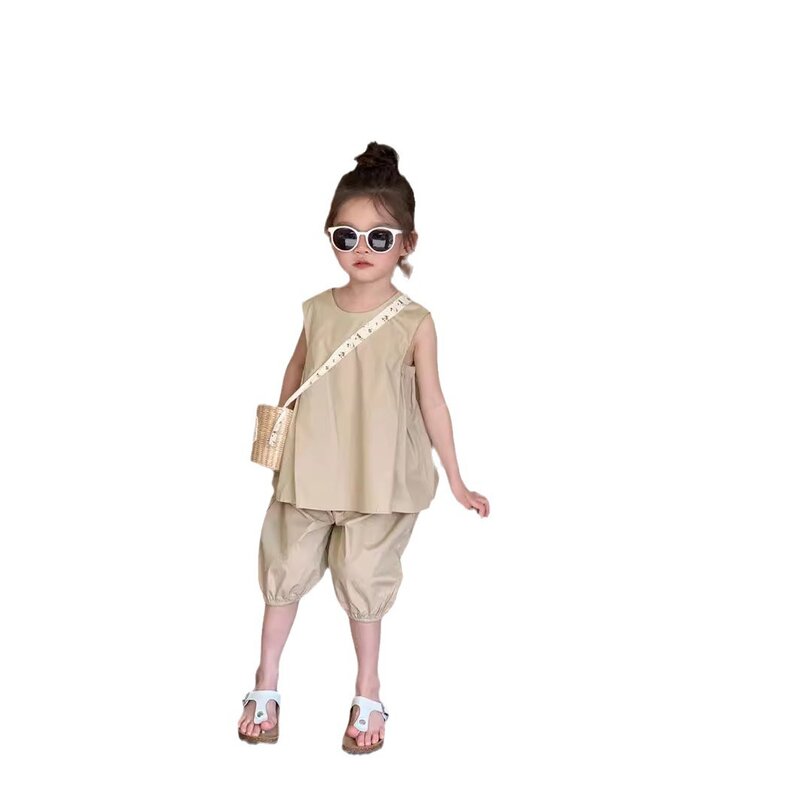Lato młoda dziewczynka dwuczęściowe ubrania zestaw 2024 solidny V-kołnierzyk luźna kamizelka koreański muślin pantern ubrania dla dziewczynki malucha