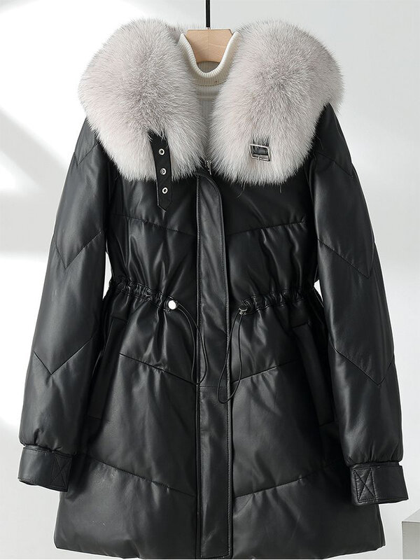 Genuine Leather Down Coat Natural Big Fox Fur Sheepskin Drawstring Warm Jacket Winter Ladies Puffer Parkas
