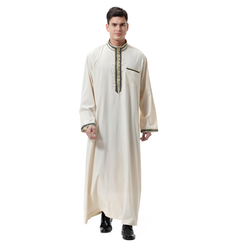 Middle Eastern Men's Decal Stand Collar Robe