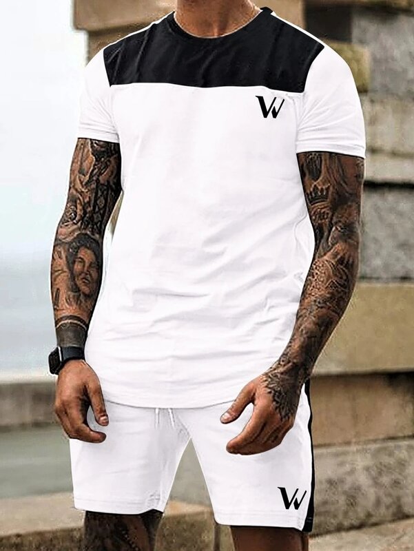 Plus size Tracksuit Men's Sporty Style Printed t shirts Men T-shirt Shorts Suit