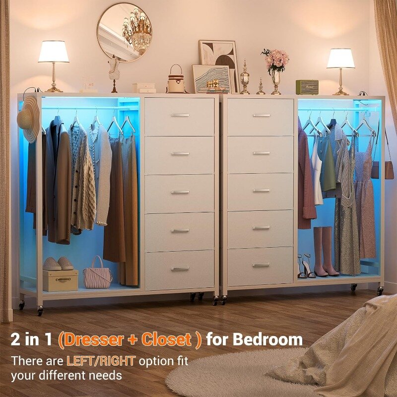 Dresser for Bedroom with Rack, 5 Drawers Dresser with Charging Station & LED Lights, Red Oak Storage Chest