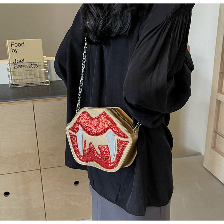 Desain unik 2024 baru Ins tas bibir merah lucu tas bahu rantai Gotik gelap tas selempang untuk wanita dompet dan tas tangan