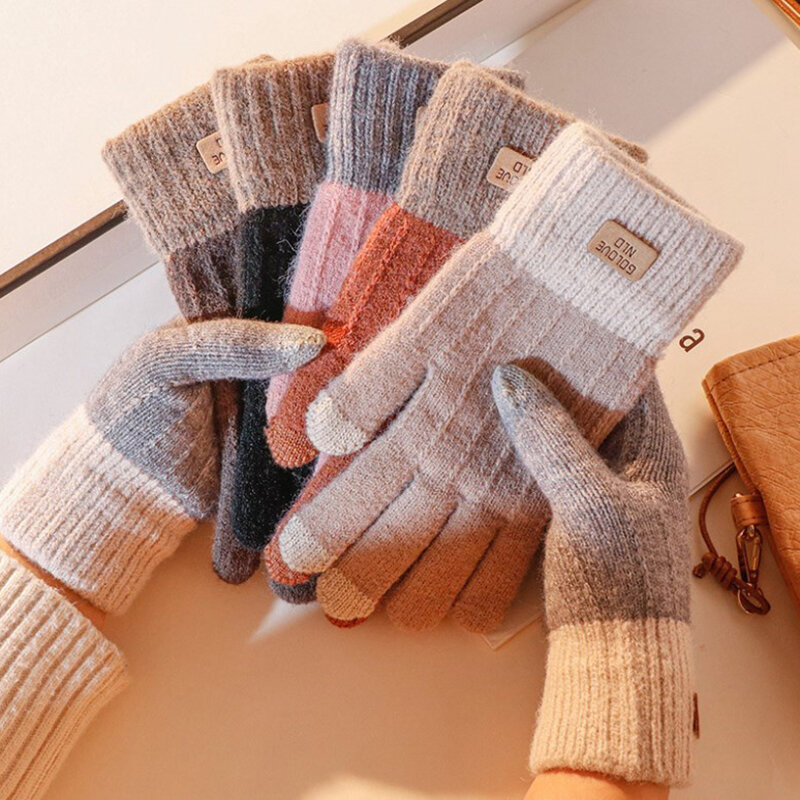 女性と男性のためのストレッチニットとタッチスクリーンの手袋,暖かいウールのミトン,完全な指,女性のかぎ針編みのグローブ,冬