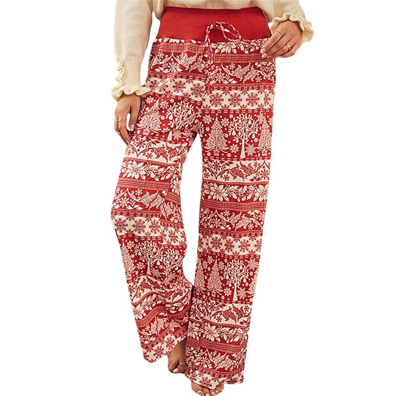 Pantalones de pijama de Navidad para mujer, Pantalón elástico de cintura alta, pierna ancha, pantalones de salón con cordón
