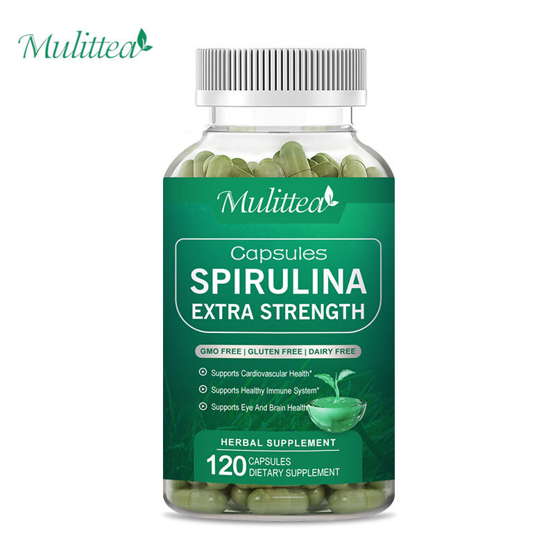 Mulittea kapsul Spirulina kemurnian tinggi makanan super hijau dukungan jantung mata kardiovaskular & kesehatan otak gratis pengiriman