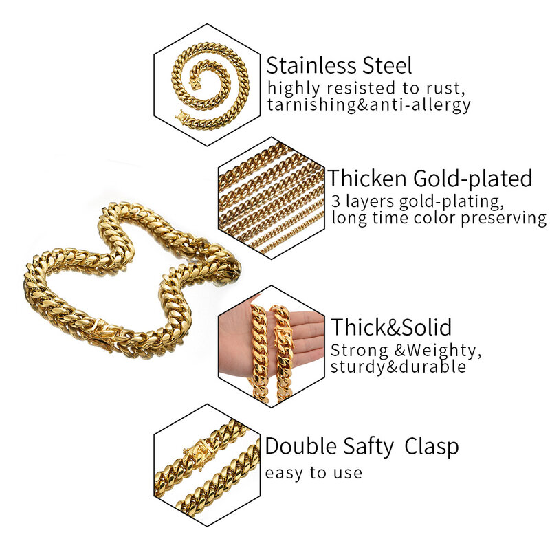 TOPGRILLZ Stainless Steel Gold Color Cuban Chain Faucet Button Hip Hop Fashion Jewelry For Gift 6MM/10MM/12MM/14MM/16MM